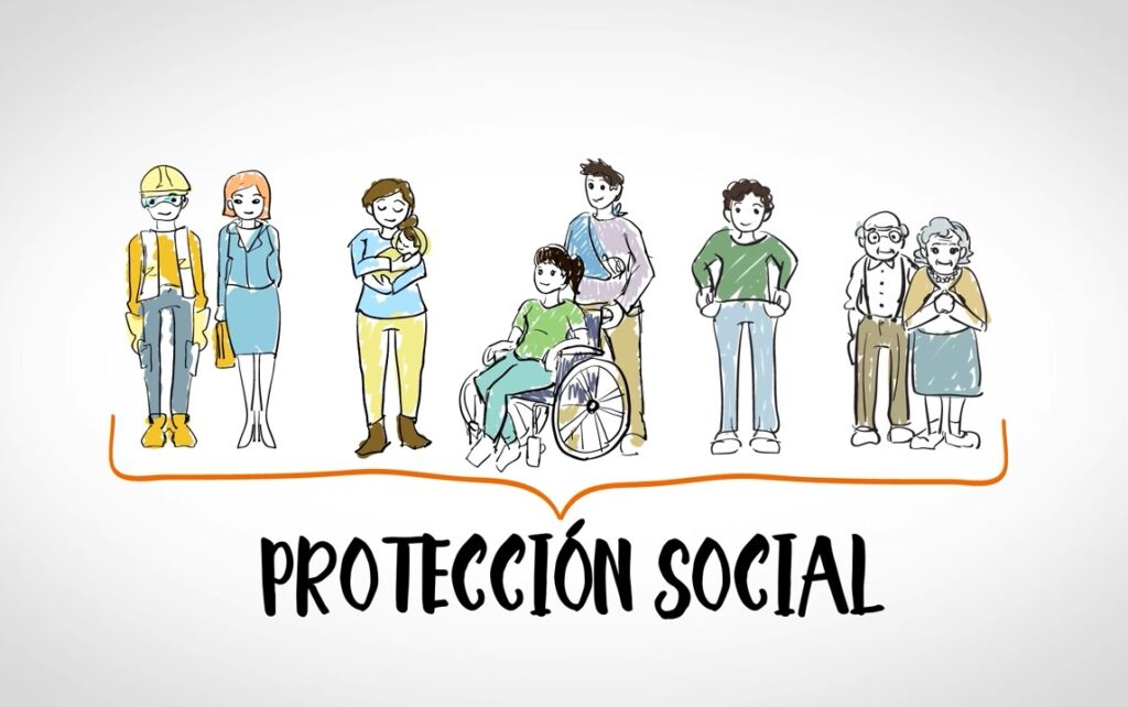 Dibujo de personas bajo el eslogan de protección social